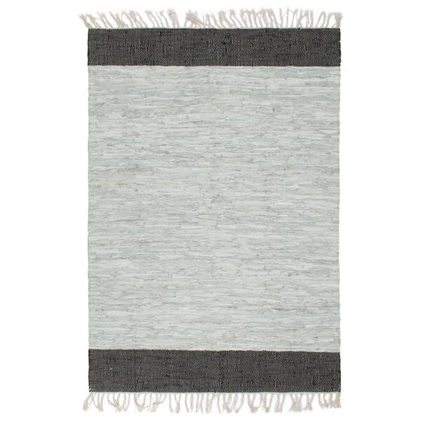 vidaXL Hand-woven Chindi Rug Leather 120x170 cm Light Grey and Black