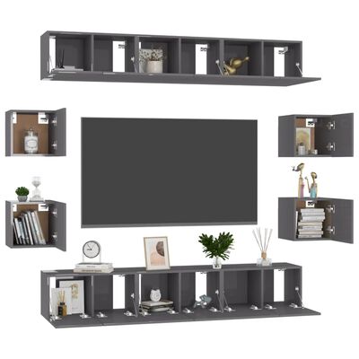 vidaXL 10 Piece TV Cabinet Set High Gloss Grey Engineered Wood