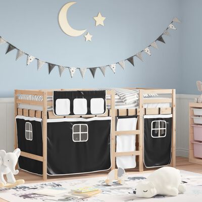 vidaXL Kids' Loft Bed with Curtains White&Black 80x200 cm Solid Wood Pine