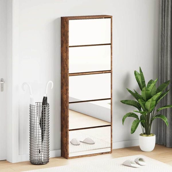 vidaXL Shoe Cabinet with Mirror 5-Layer Smoked Oak 63x17x169.5 cm