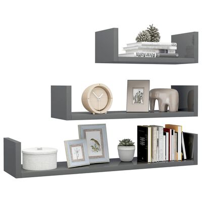 vidaXL Wall Display Shelf 3 pcs High Gloss Grey Engineered Wood