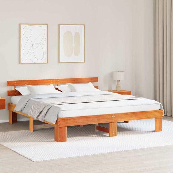 vidaXL Bed Frame with Headboard Wax Brown 200 x 200 cm Solid Pine Wood