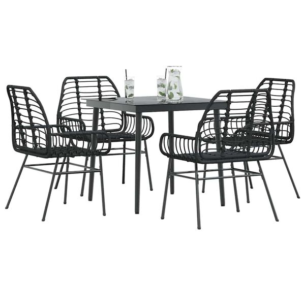 vidaXL 5 Piece Garden Dining Set Black Poly Rattan Glass