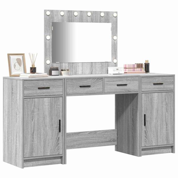 vidaXL Dressing Table with Mirror Lights 3 pcs Grey Engineered Wood