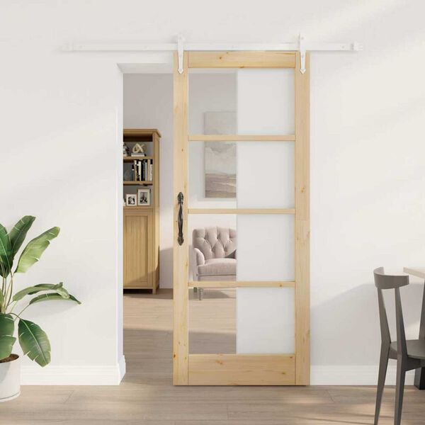 vidaXL Sliding Door Natural 83 x 202 cm Solid Pine Wood and Glass