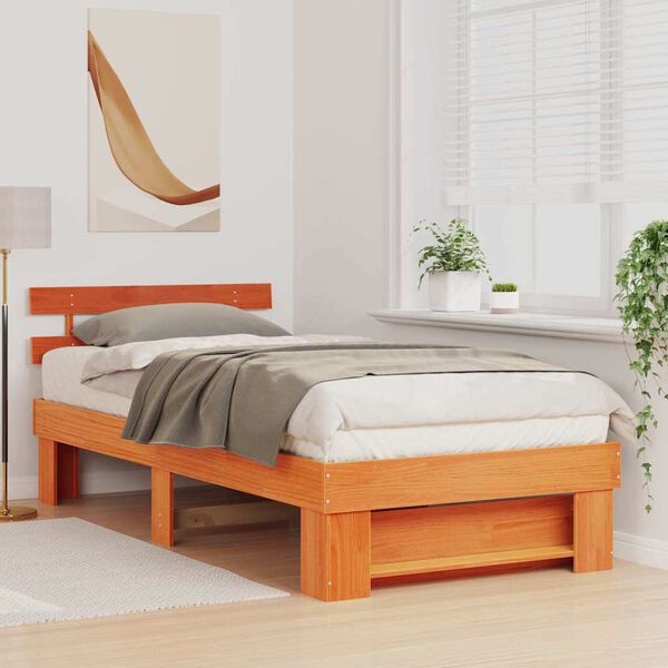 vidaXL Bed Frame with Headboard Wax Brown 90 x 190 cm Solid Pine Wood