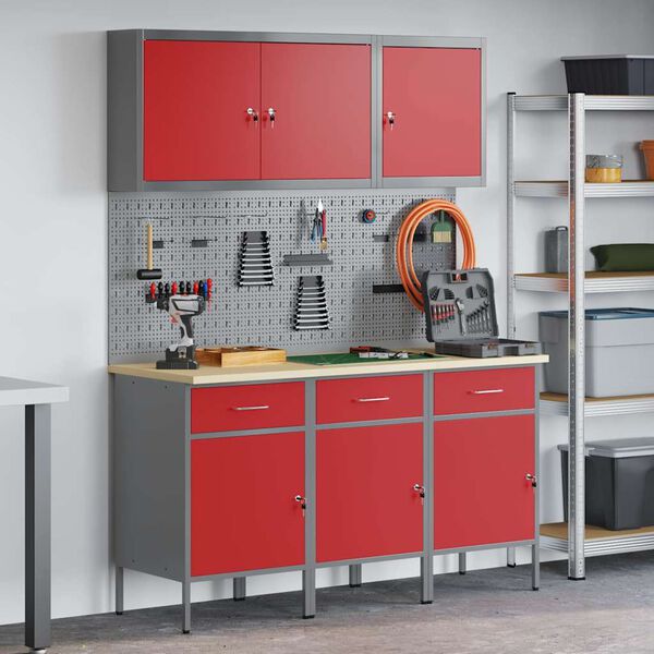 vidaXL Work Cabinet with Drawer 8 pcs Red Engineered Wood and Steel
