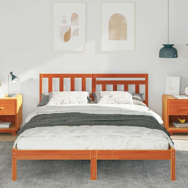 vidaXL Bed Frame with Headboard Wax Brown 150 x 200 cm Solid Pine Wood