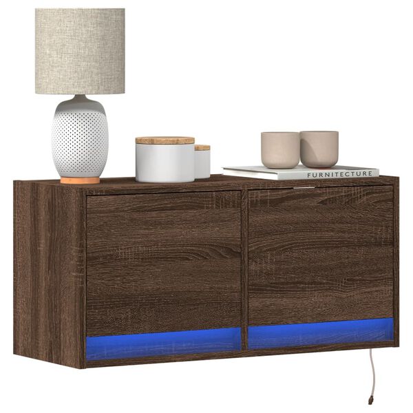 vidaXL TV Wall Cabinet with LED Lights Brown Oak 80x31x35 cm