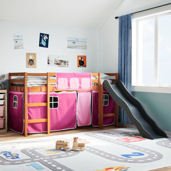 vidaXL Kids' Loft Bed with Curtains Pink 80x200 cm Solid Wood Pine