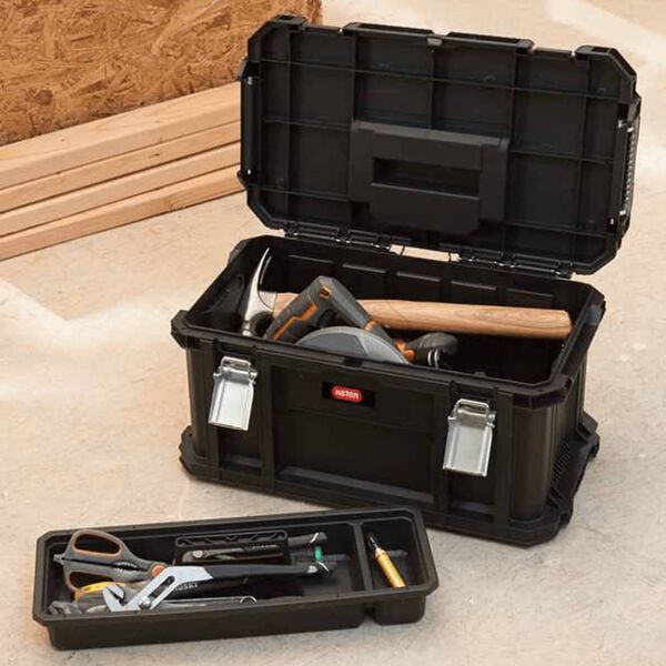 Keter Tool Storage Box with Connect Trolley and Rolling Systems Black