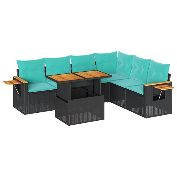 vidaXL 7 Piece Garden Sofa Set with Cushions Black Poly Rattan Acacia