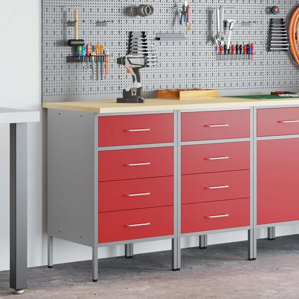 vidaXL Work Cabinet with Drawer 2 pcs Red and Grey 100 x 55 x 85 cm