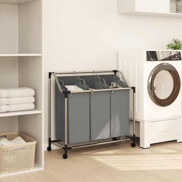 vidaXL Laundry Basket with Wheels 3 Compartments Grey