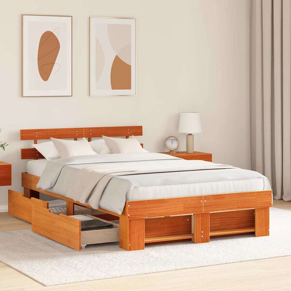 vidaXL Bed Frame with Headboard Wax Brown 135 x 190 cm Solid Pine Wood