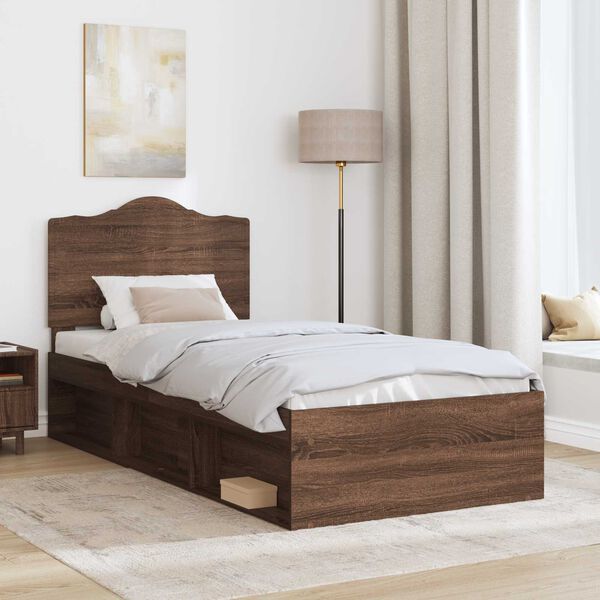 vidaXL Bed Frame with Headboard Brown Oak 90 x 200 cm Solid Pine Wood