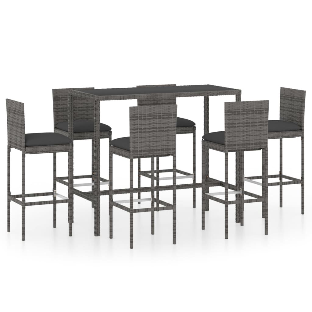 vidaXL 7 Piece Garden Bar Set with Cushions Poly Rattan Grey
