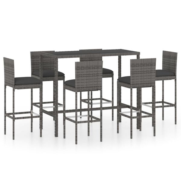 vidaXL 7 Piece Garden Bar Set with Cushions Poly Rattan Grey