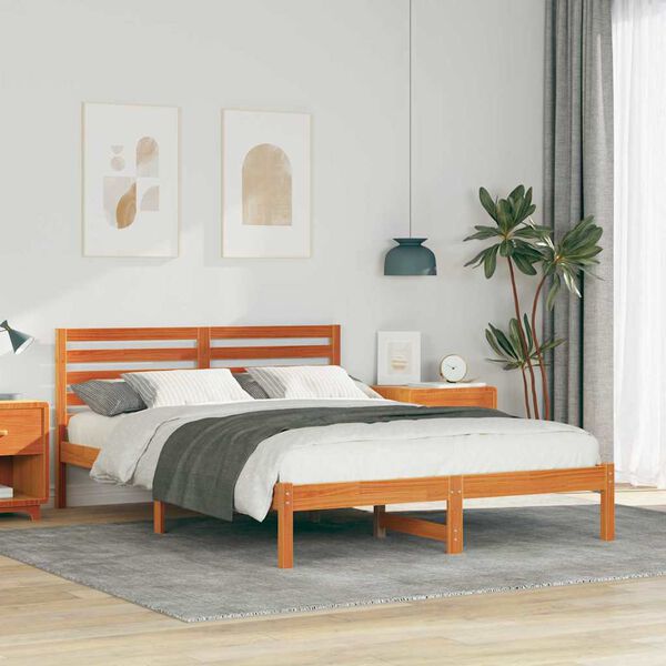 vidaXL Bed Frame with Headboard Wax Brown 140 x 210 cm Solid Pine Wood