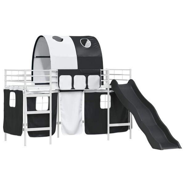 vidaXL Kids'Loft Bed Frame with Curtains, Arch, Slide White and Black
