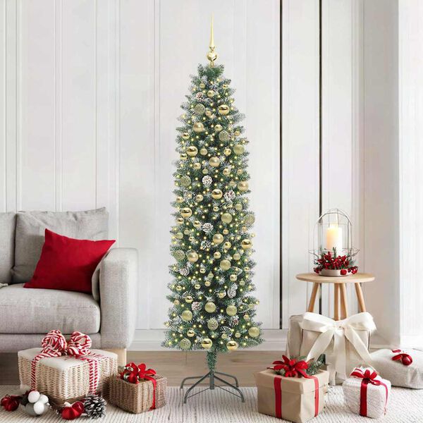 vidaXL Artificial Slim Christmas Tree Green and White 180 cm
