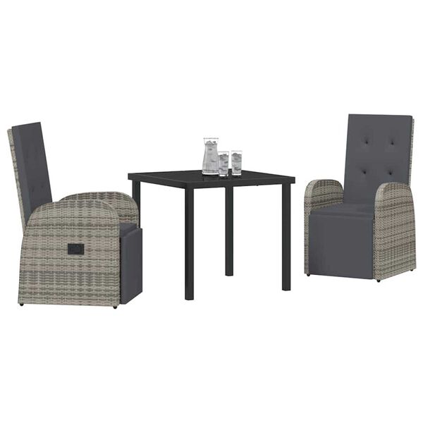 vidaXL Garden Dining Set with Cushion 3 pcs Grey Poly Rattan