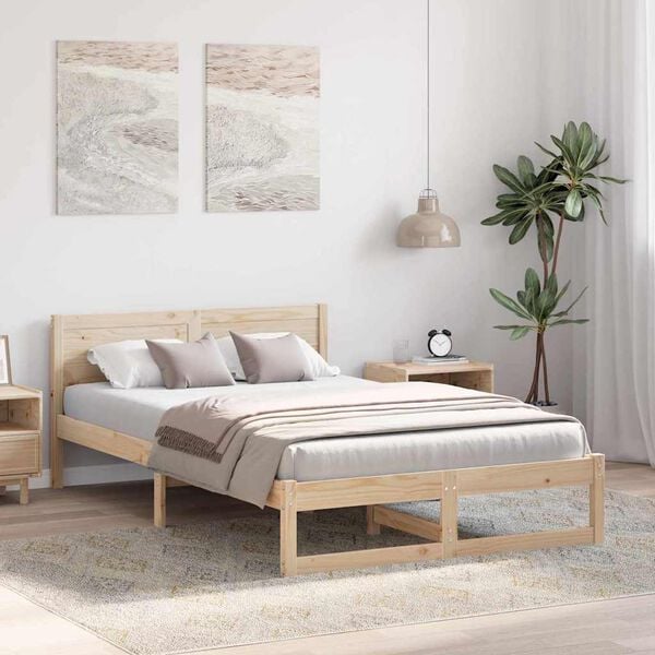 vidaXL Bed Frame with Headboard Natural 135 x 190 cm Solid Pine Wood