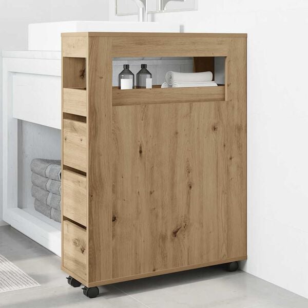 vidaXL Narrow Bathroom Cabinet with Wheels Artisian Oak Engineered Wood