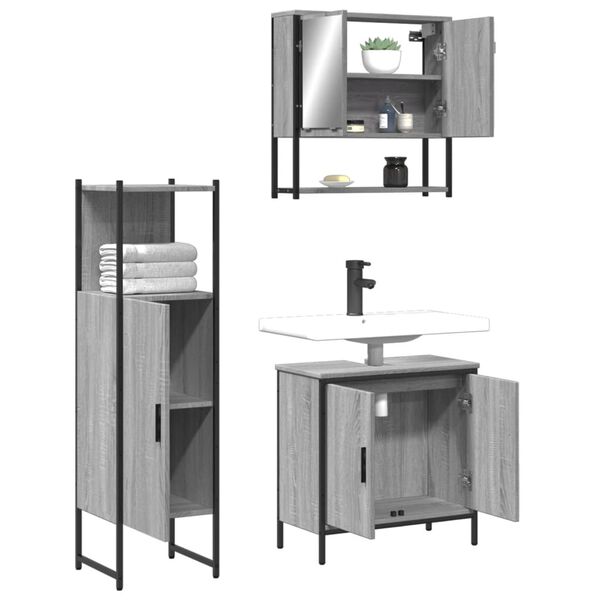 vidaXL 3 Piece Bathroom Furniture Set Grey Sonoma Engineered Wood