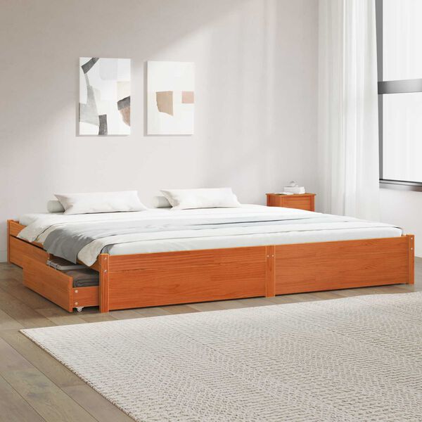 vidaXL Bed Frame with Drawer Wax Brown 180 x 200 cm Solid Pine Wood