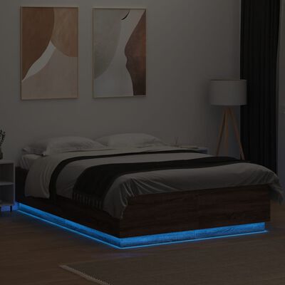vidaXL Bed Frame with LED Lights Brown Oak 160x200 cm Engineered Wood