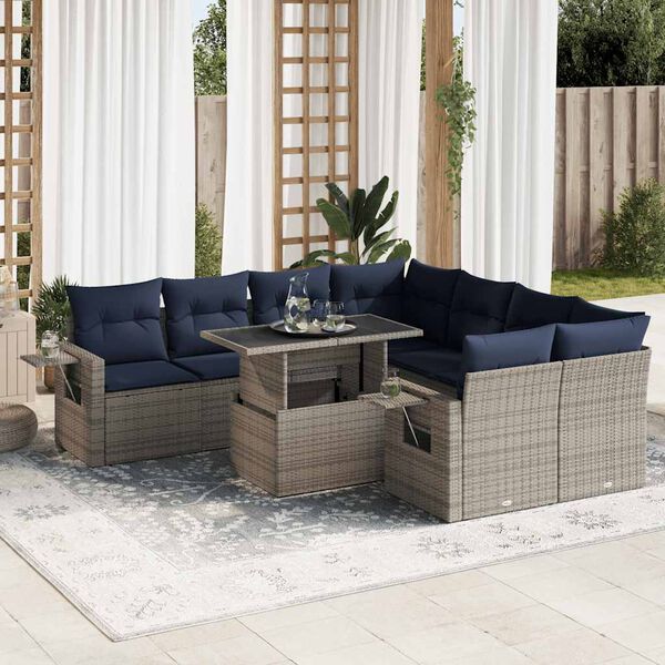 vidaXL 9 Piece Garden Sofa Set with Cushions Grey Poly Rattan Acacia
