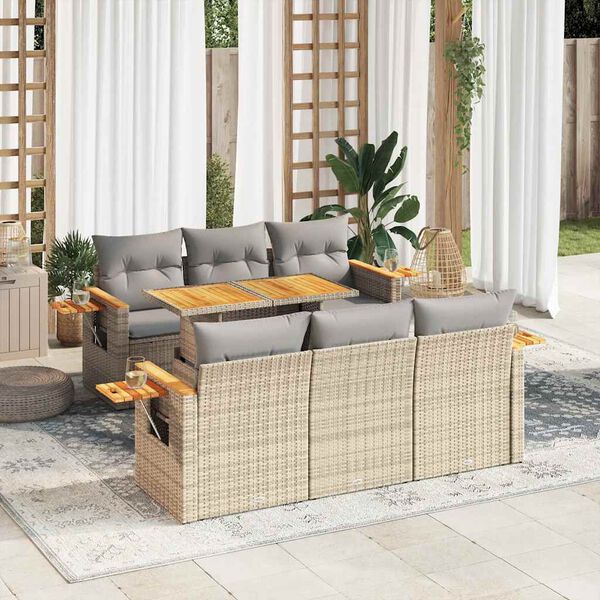 vidaXL 7 Piece Garden Sofa Set with Cushions Beige Poly Rattan Acacia