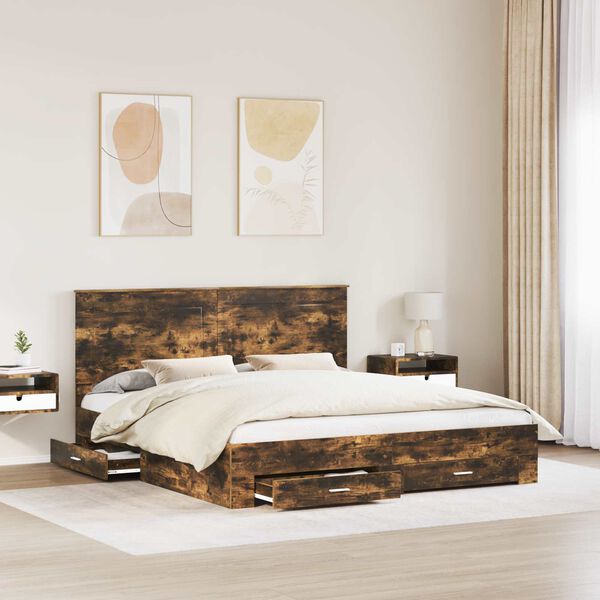vidaXL Bed Frame with Drawer Smoked Oak 200 x 200 cm Engineered Wood