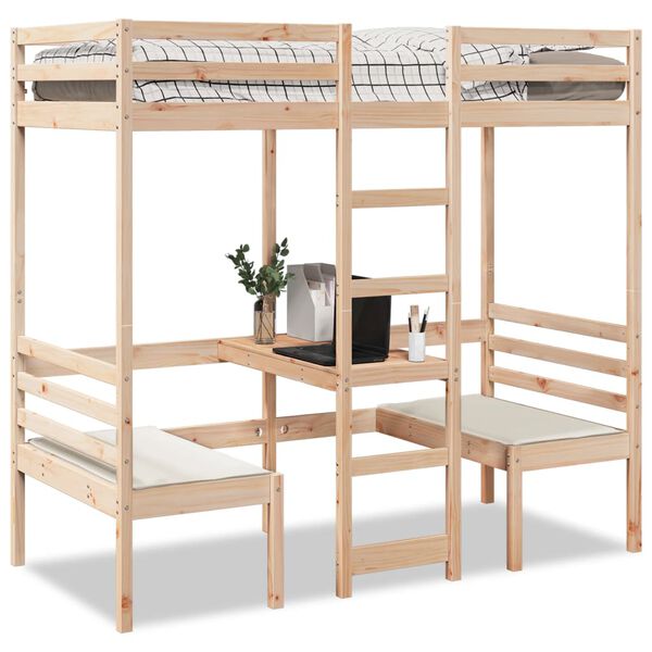 vidaXL Loft Bed Frame with Desk and Chairs 80x200cm Solid Wood Pine