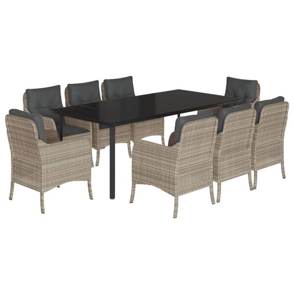 vidaXL 9 Piece Garden Dining Set with Cushions Light Grey Poly Rattan