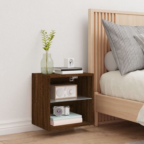 vidaXL Bedside Cabinet with LED Lights Wall-mounted Brown Oak