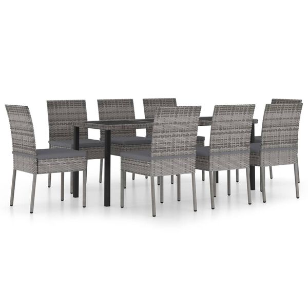 vidaXL 9 Piece Outdoor Dining Set with Cushions Poly Rattan Grey