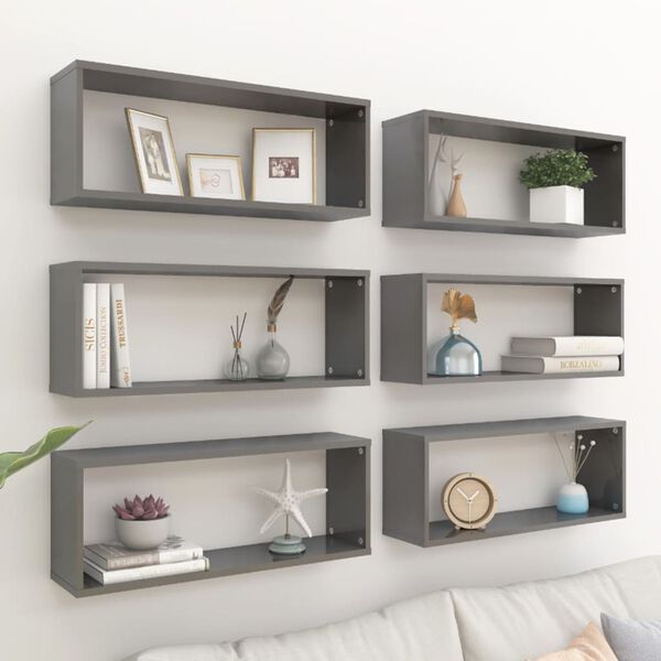 vidaXL Wall Cube Shelf 6 pcs High Gloss Grey 60x15x23 cm Engineered Wood
