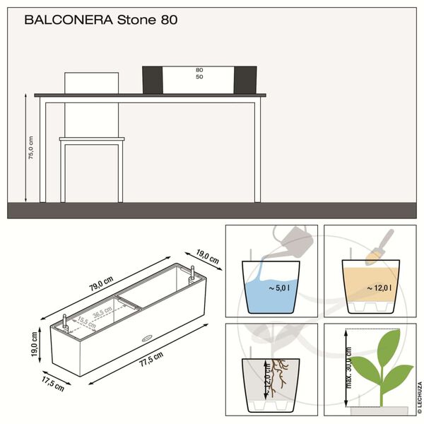 LECHUZA Planter BALCONERA Stone 80 ALL-IN-ONE Black