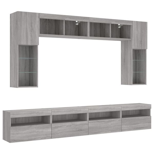 vidaXL 8 Piece TV Wall Cabinet Set with LED Lights Grey Sonoma