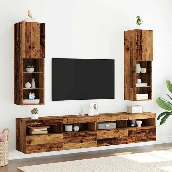 vidaXL TV Cabinets with LED Lights 2 pcs Old Wood 30.5x30x102 cm