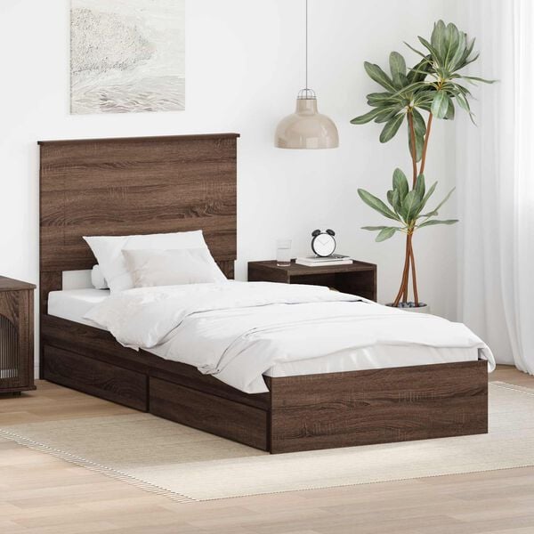 vidaXL Storage Bed with Drawer Brown Oak 90 x 190 cm Engineered Wood