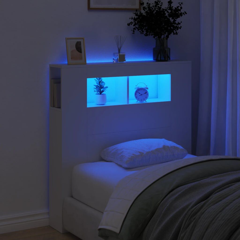 Bed with led online lights in headboard