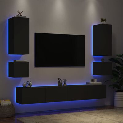 vidaXL 6 Piece TV Wall Cabinets with LED Lights Black