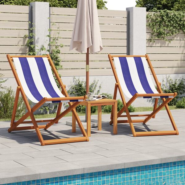 vidaXL Folding Beach Chairs 2 pcs Blue and White Fabric and Solid Wood