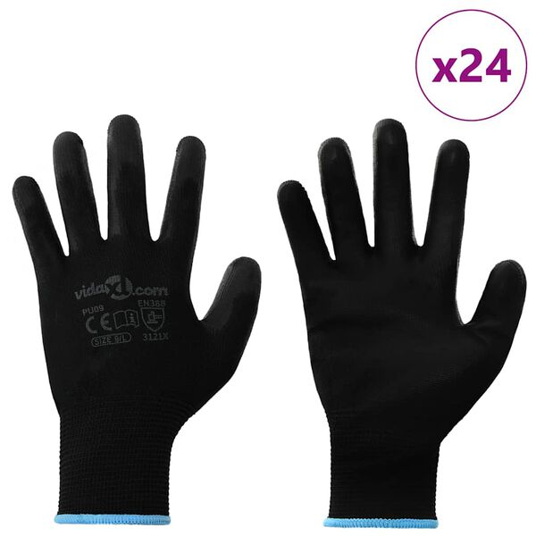 vidaXL Work Gloves 24 pcs Black 9 / L Polyester