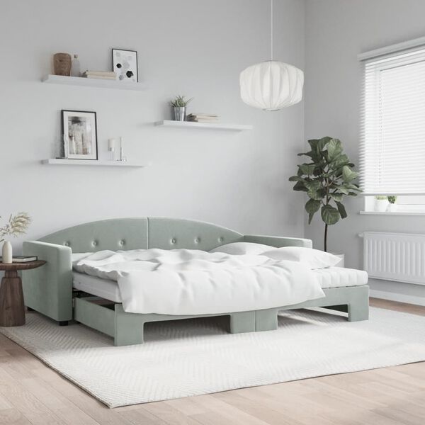 vidaXL Daybed with Trundle and Mattresses Light Grey 90x190 cm Velvet