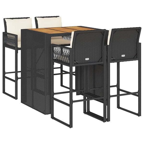 vidaXL 5 Piece Garden Bar Set with Cushions Black Poly Rattan Acacia