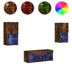vidaXL 4 Piece TV Wall Cabinets with LED Lights Smoked Oak
